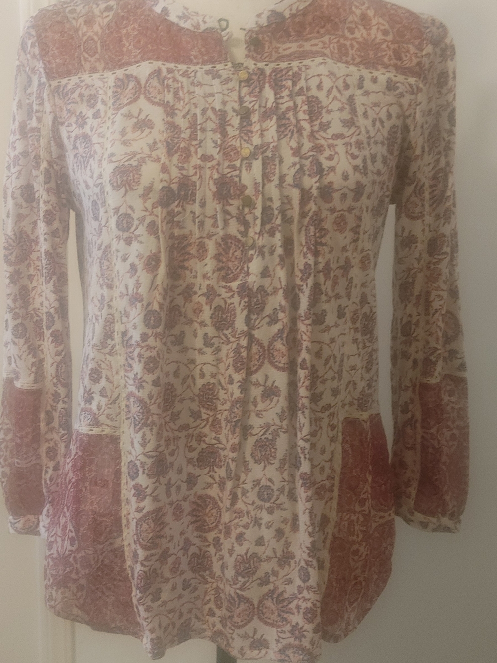 Lucky Brand Cream and Rust Floral Pintuck Tunic